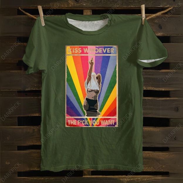Queer Pride Day Rainbow Color Element Kiss Whoever The Fuck You Want Cotton T-shirt