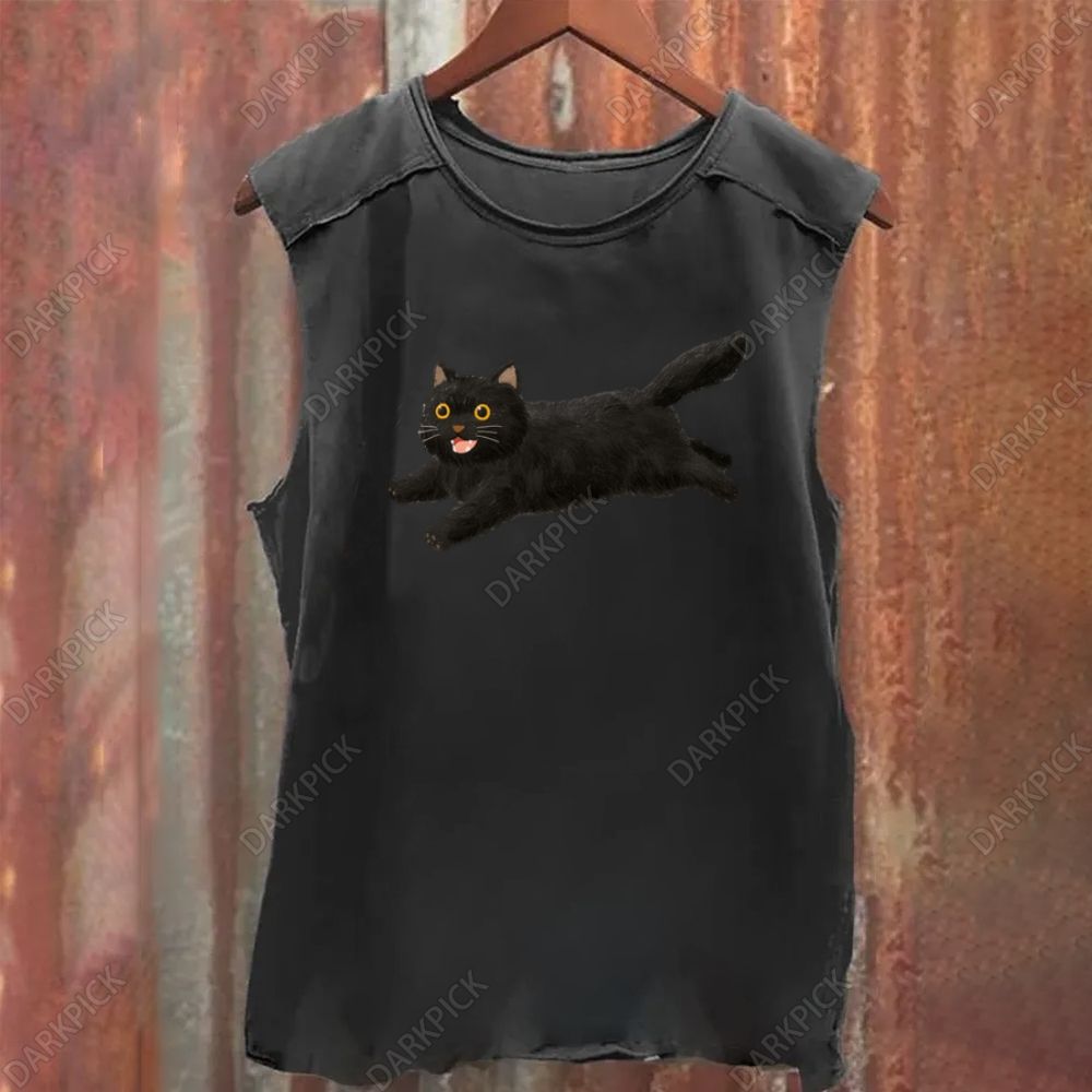 Cartoon black cat Vintage Washed Tank Top