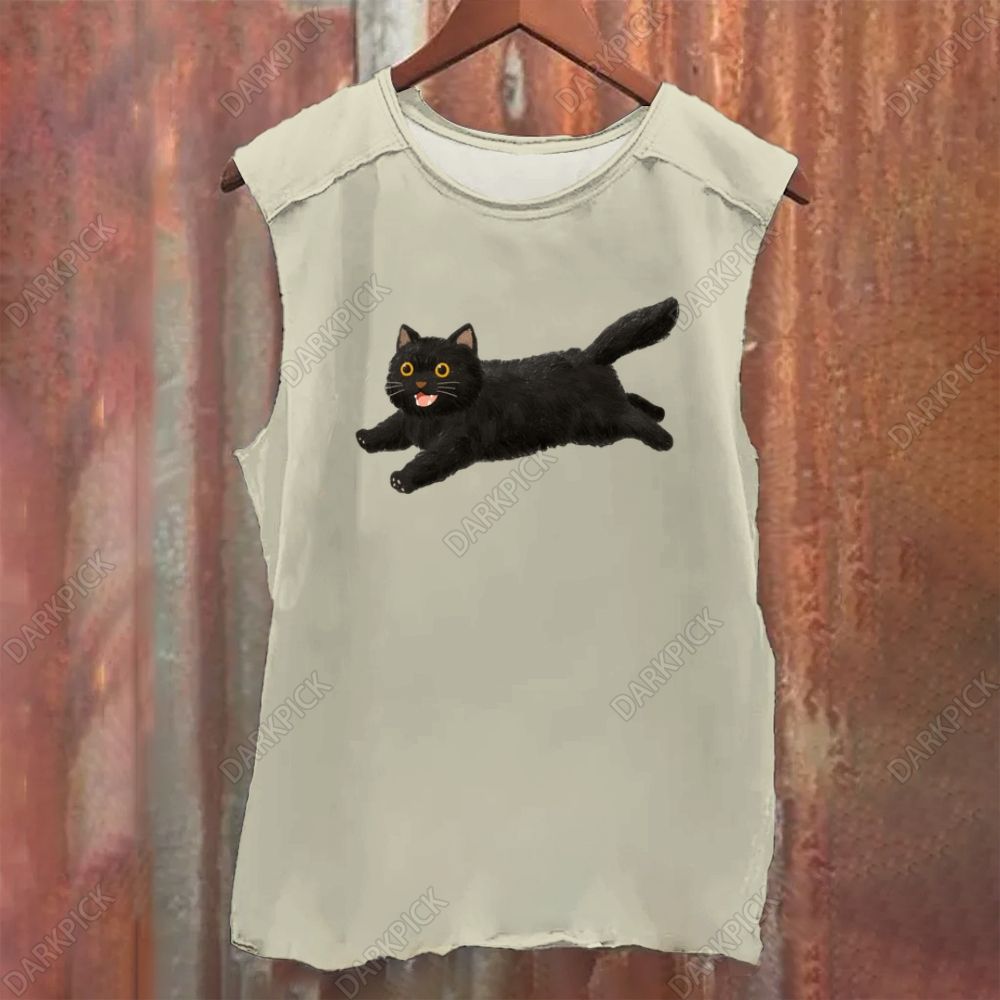 Cartoon black cat Vintage Washed Tank Top