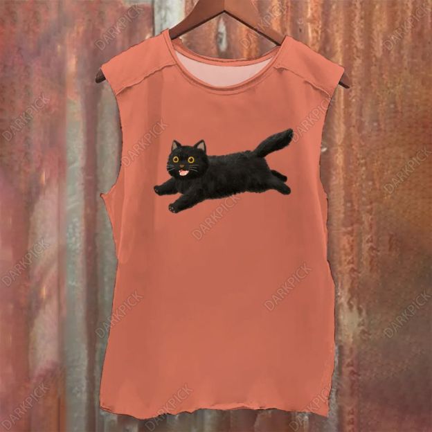 Cartoon black cat Vintage Washed Tank Top