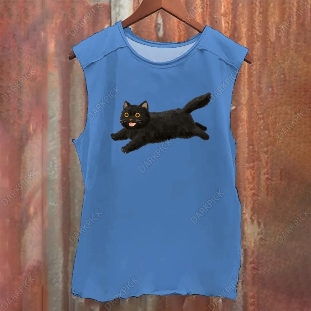Cartoon black cat Vintage Washed Tank Top