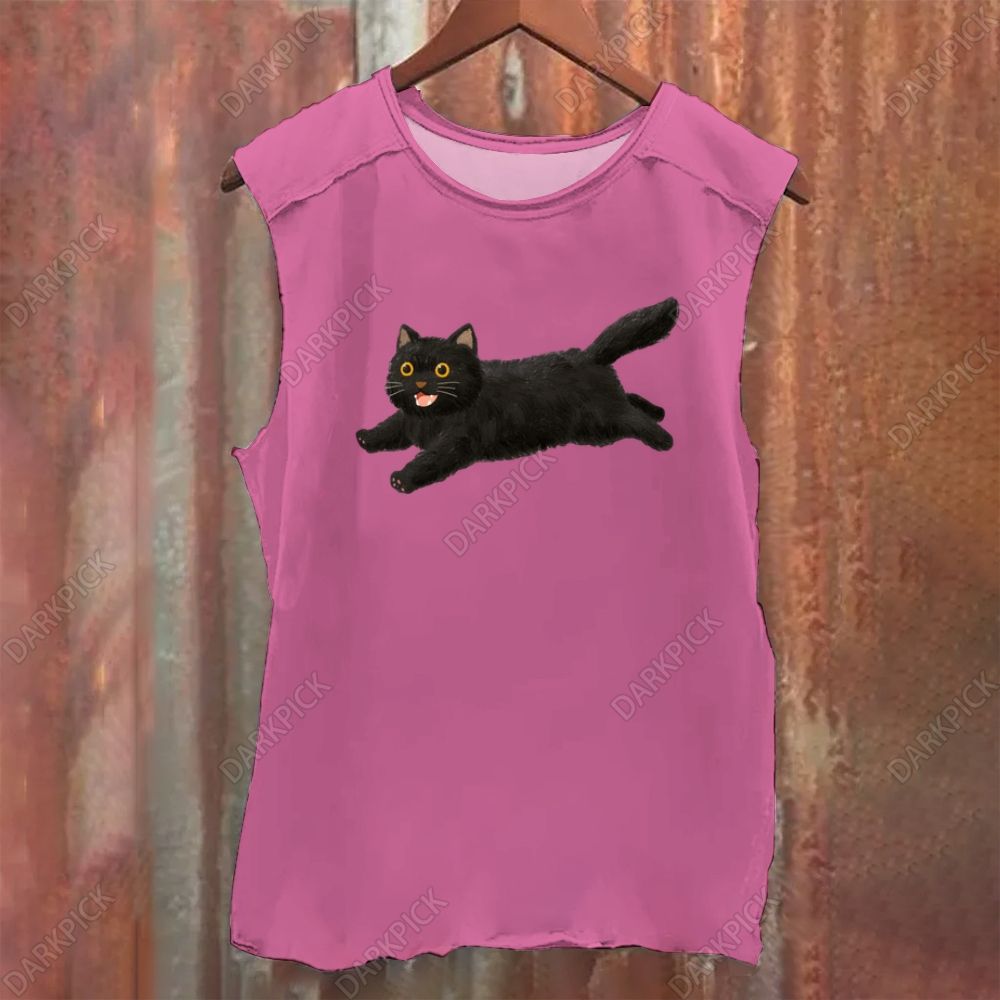 Cartoon black cat Vintage Washed Tank Top