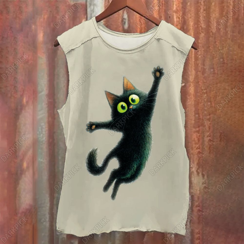 Cartoon black cat Vintage Washed Tank Top