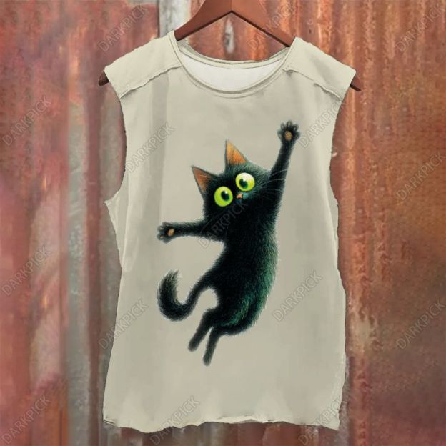 Cartoon black cat Vintage Washed Tank Top