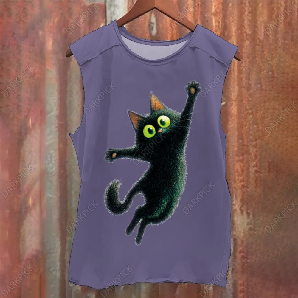 Cartoon black cat Vintage Washed Tank Top