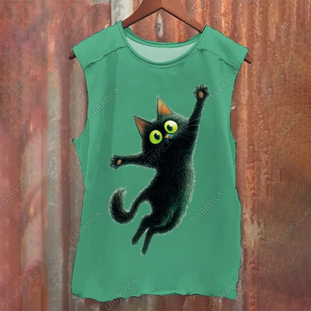 Cartoon black cat Vintage Washed Tank Top