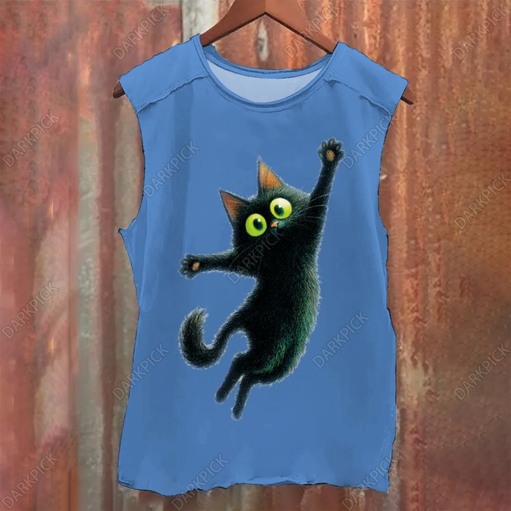 Cartoon black cat Vintage Washed Tank Top