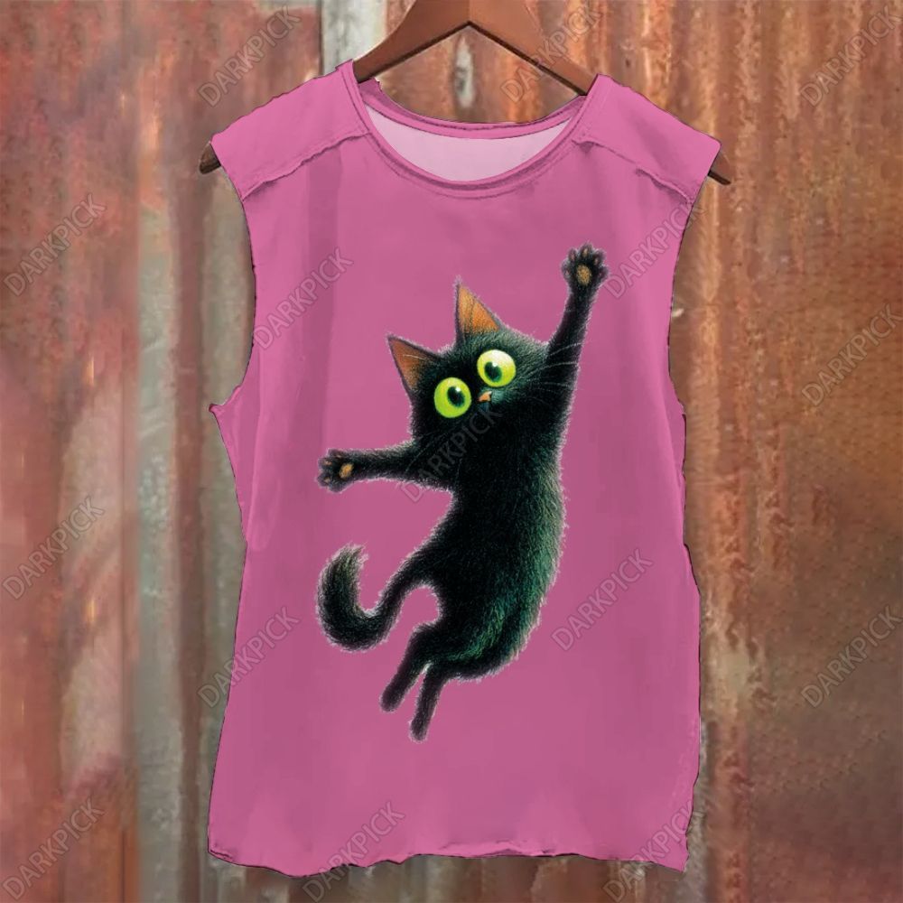 Cartoon black cat Vintage Washed Tank Top