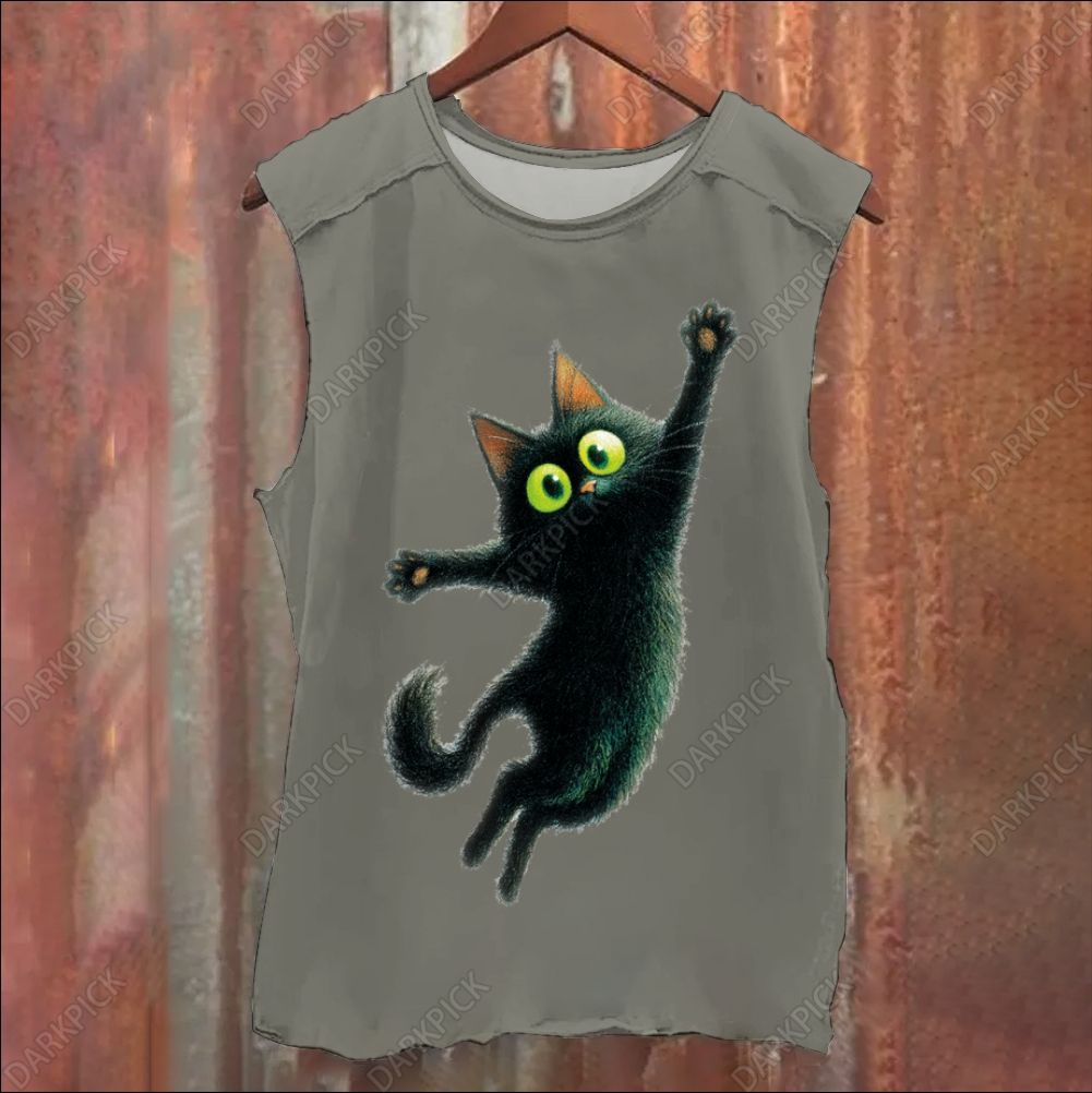 Cartoon black cat Vintage Washed Tank Top