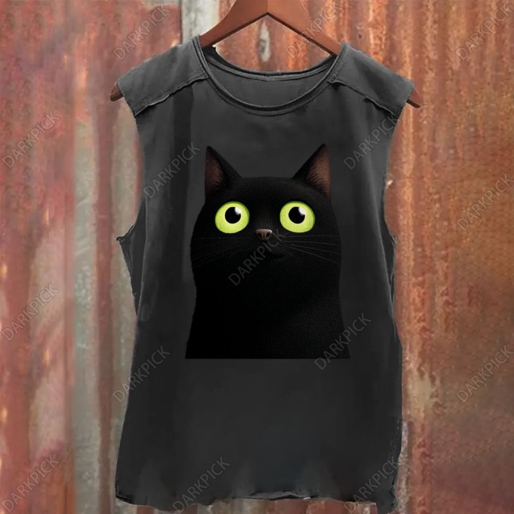 Cartoon black cat Vintage Washed Tank Top