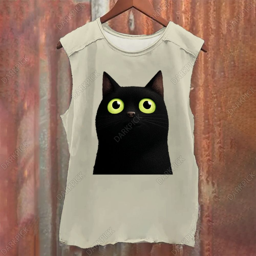 Cartoon black cat Vintage Washed Tank Top
