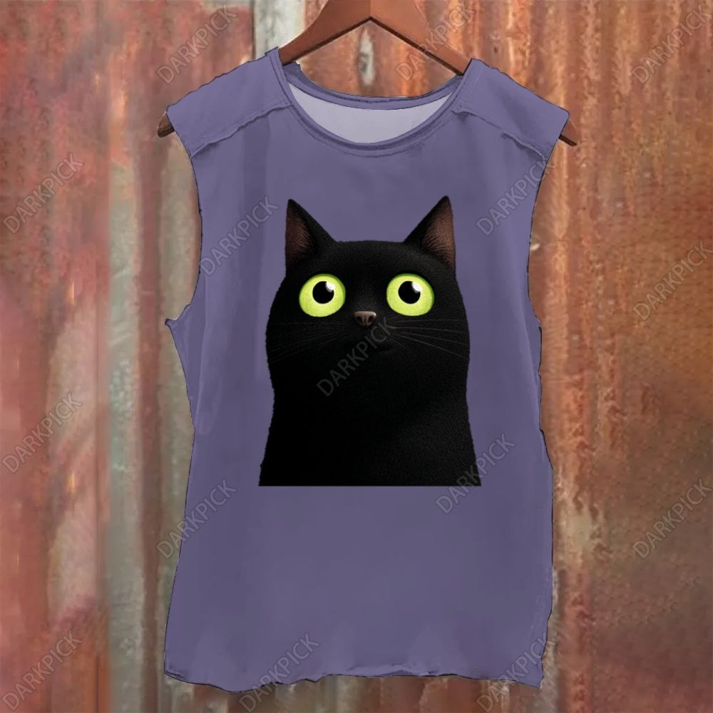 Cartoon black cat Vintage Washed Tank Top