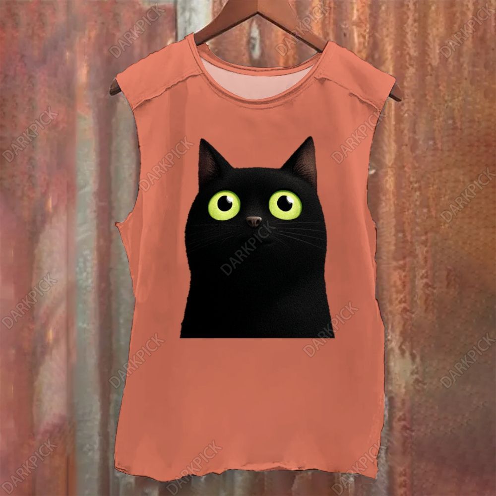 Cartoon black cat Vintage Washed Tank Top