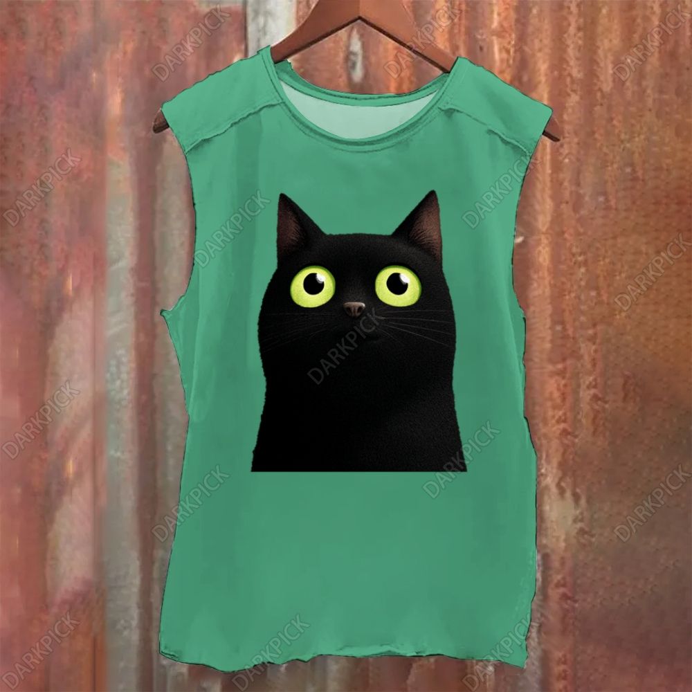 Cartoon black cat Vintage Washed Tank Top