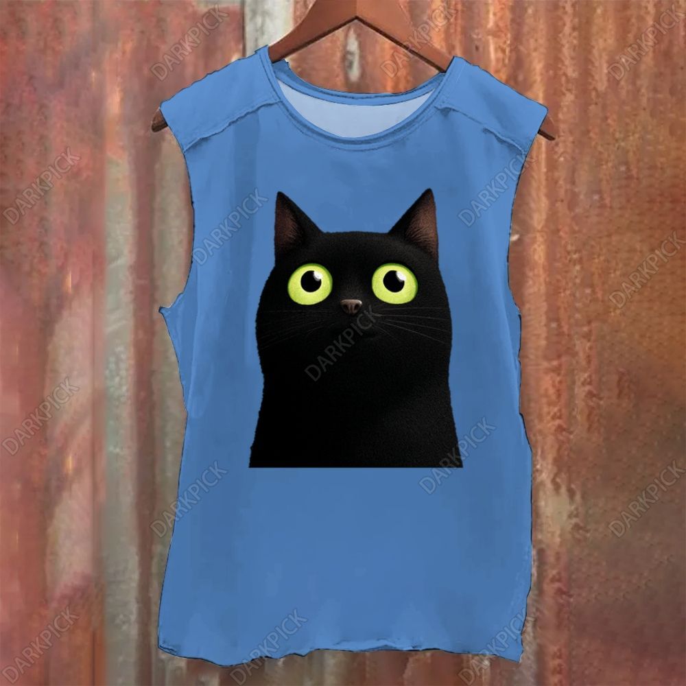 Cartoon black cat Vintage Washed Tank Top