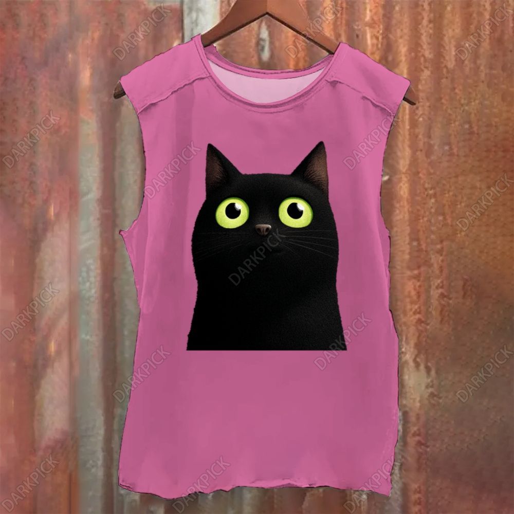 Cartoon black cat Vintage Washed Tank Top