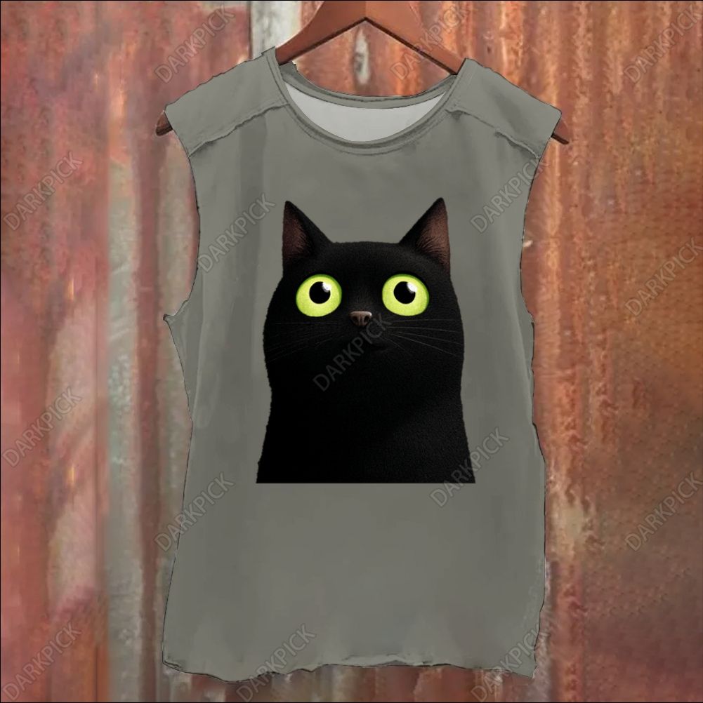 Cartoon black cat Vintage Washed Tank Top
