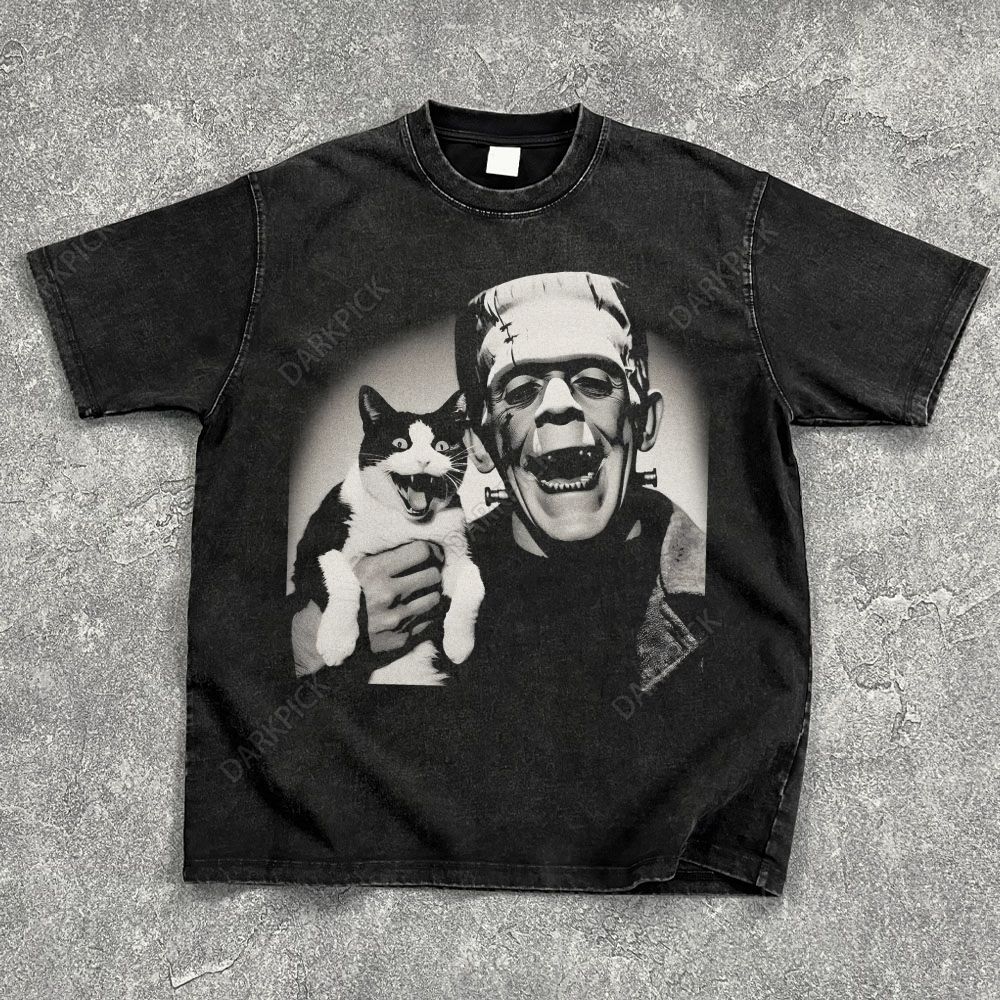 Frankenstein Frank And Beans Cat Washed Oversize T-Shirt – darkpick