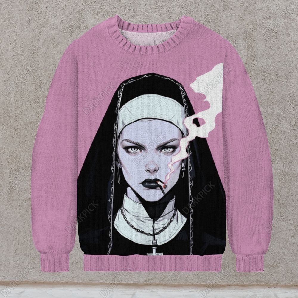 Men's Nun Smoking Print Casual Knit Crew Neck Sweater