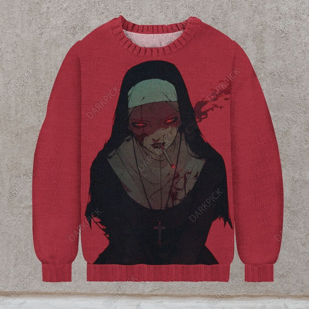 Men's Nun Smoking Print Casual Knit Crew Neck Sweater
