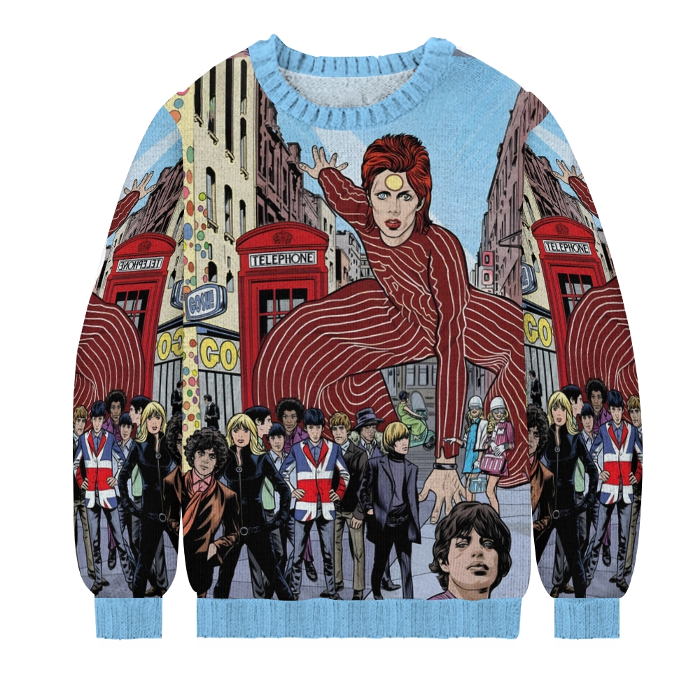 SWINGING LONDON David Bowie Men's Print Casual Knit Crew Neck Sweater
