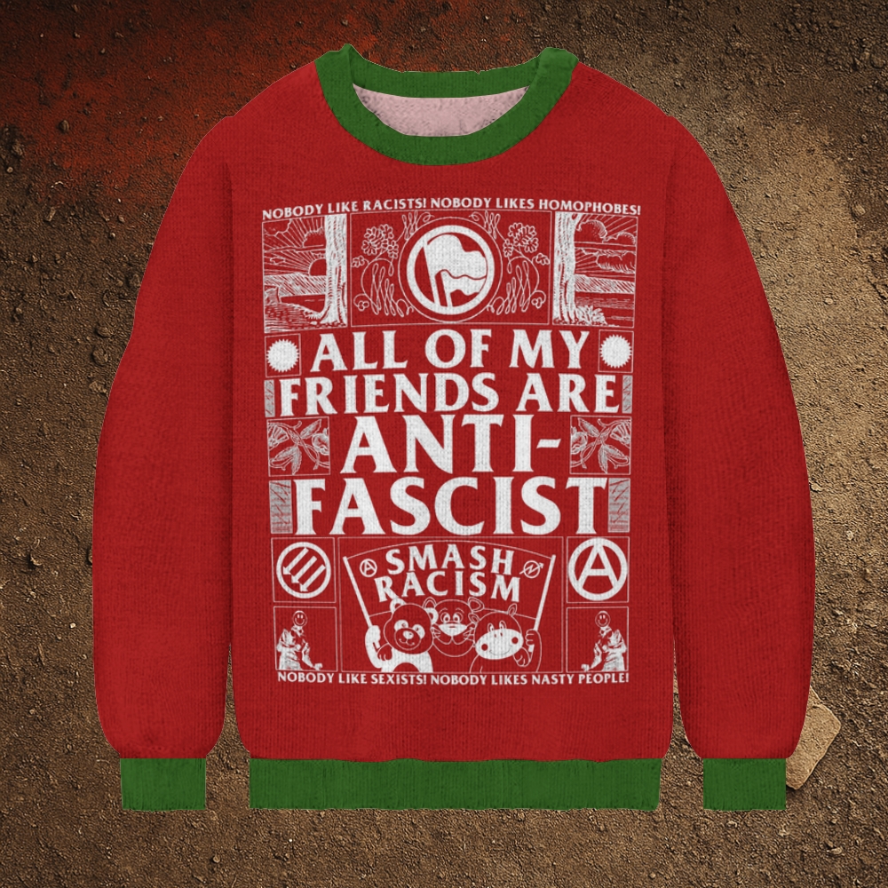 All Of My Friends Are Anti-Fascist Men's Print Casual Knit Crew Neck Sweater
