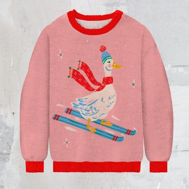 Christmas Ski Goose Men's Print Casual Knit Crew Neck Sweater