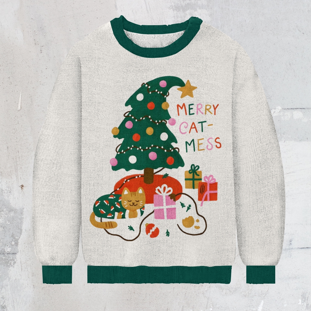 Christmas Merry Cat-Mess Men's Print Casual Knit Crew Neck Sweater