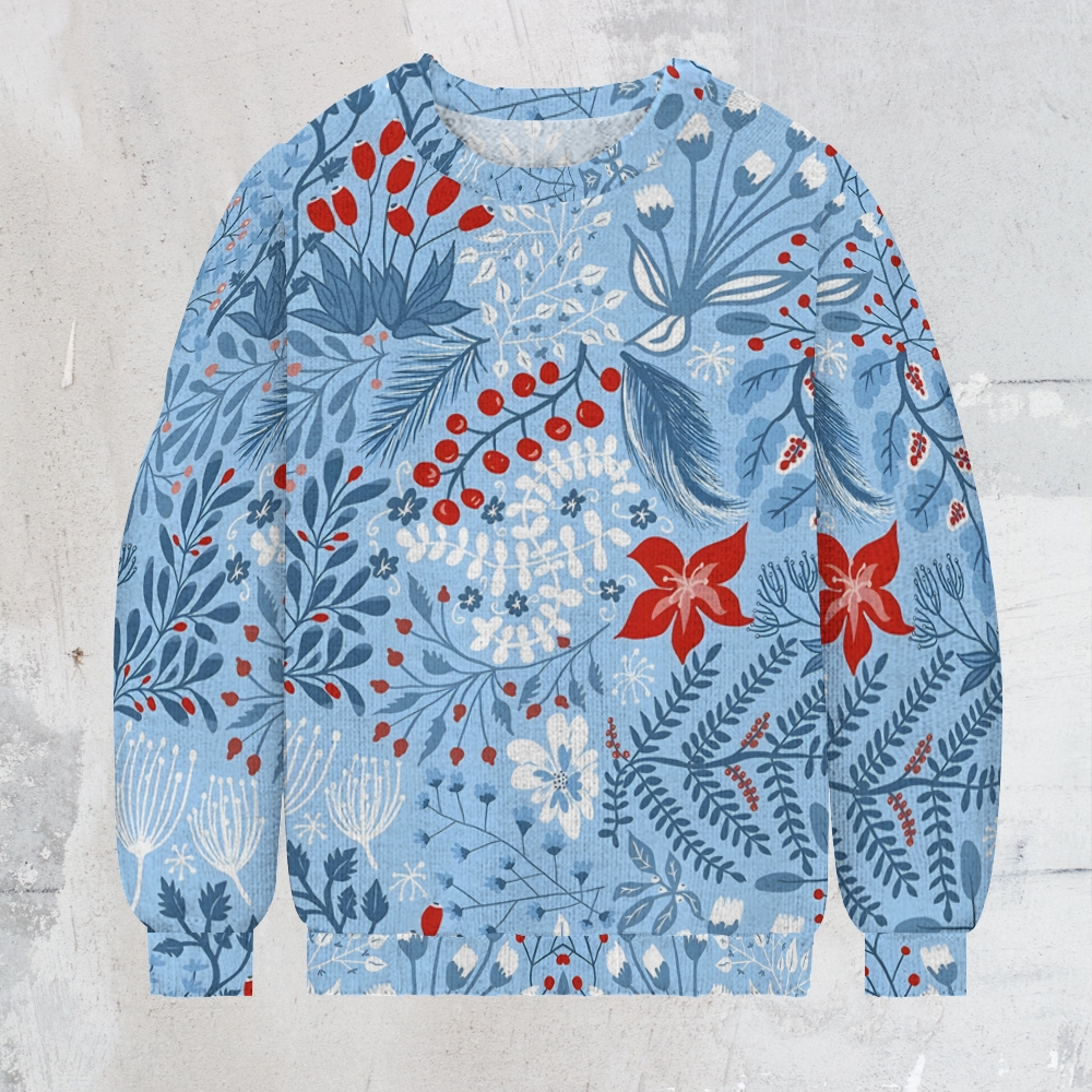 Christmas Blue And Red Flowers Men's Print Casual Knit Crew Neck Sweater