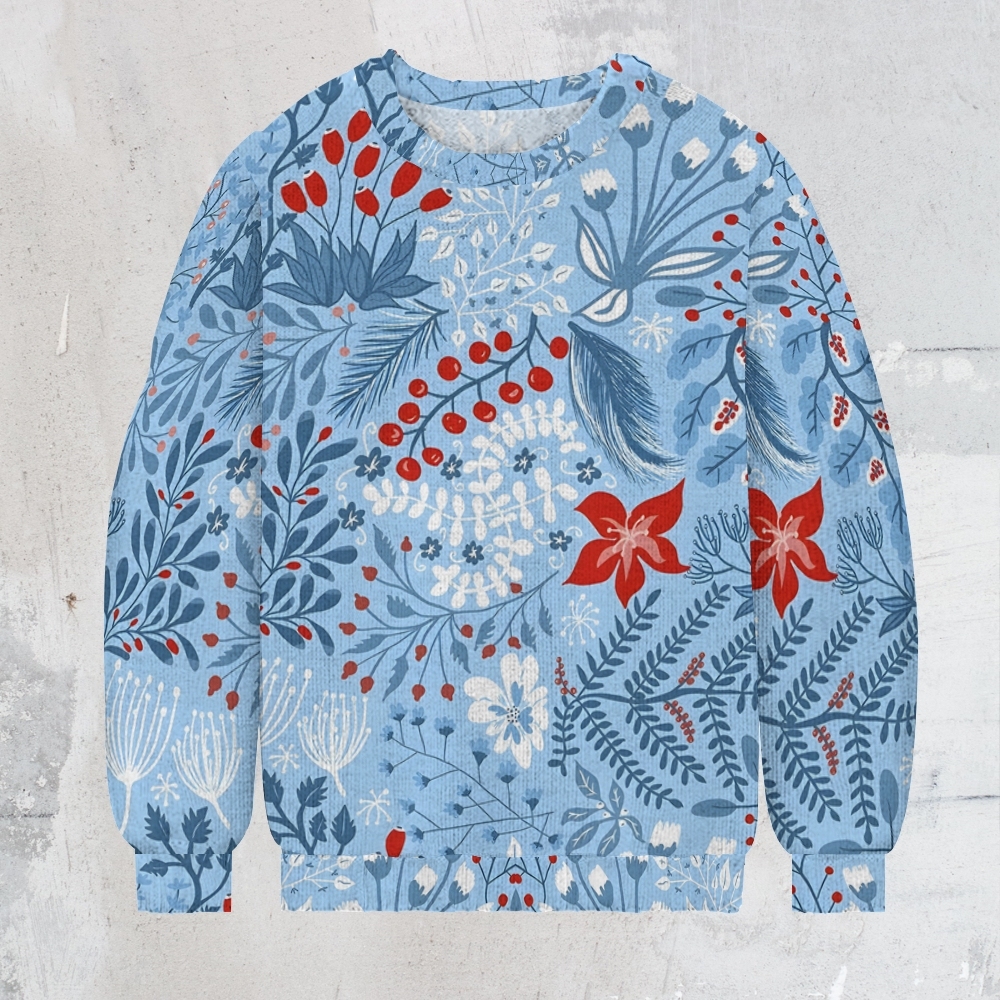 Blue And Red Flowers Men's Print Casual Knit Crew Neck Sweater