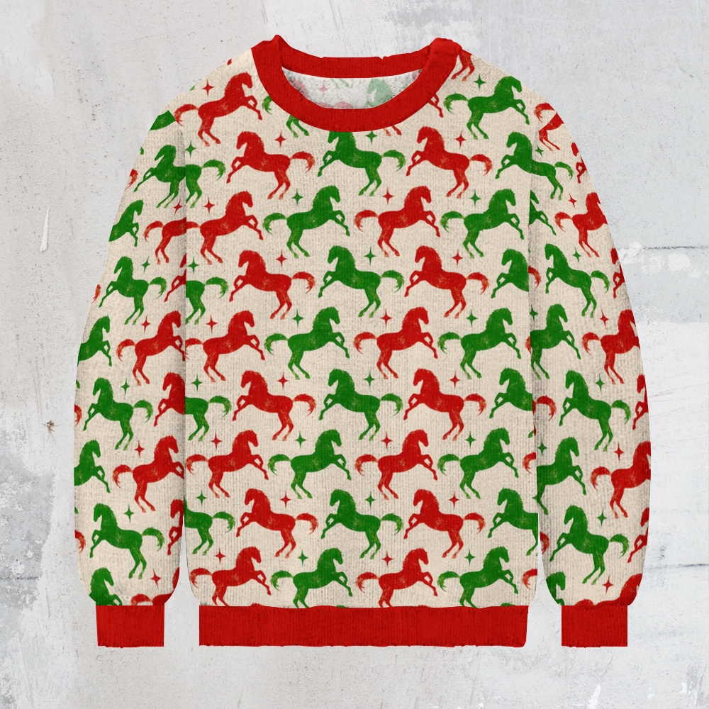 Christmas Red And Green Horse Men's Print Casual Knit Crew Neck Sweater
