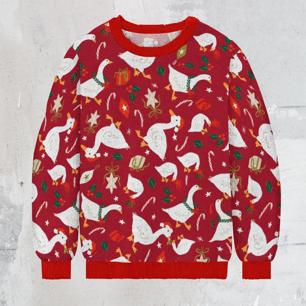 Christmas White Goose Candy Cane Men's Print Casual Knit Crew Neck Sweater