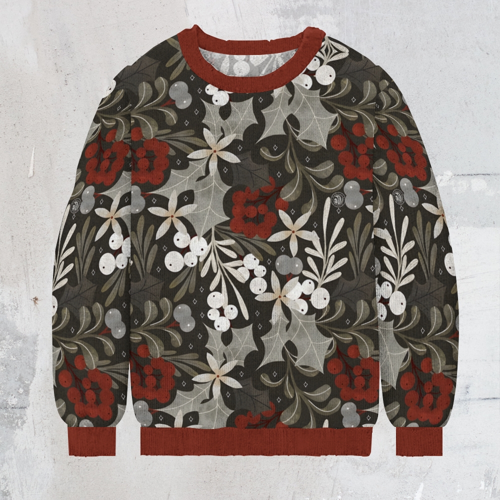Christmas Winter Flowers Men's Print Casual Knit Crew Neck Sweater