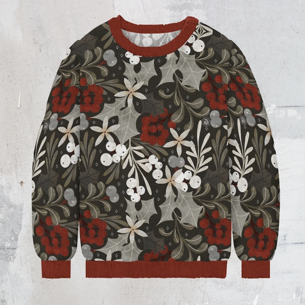 Winter Flowers Men's Print Casual Knit Crew Neck Sweater