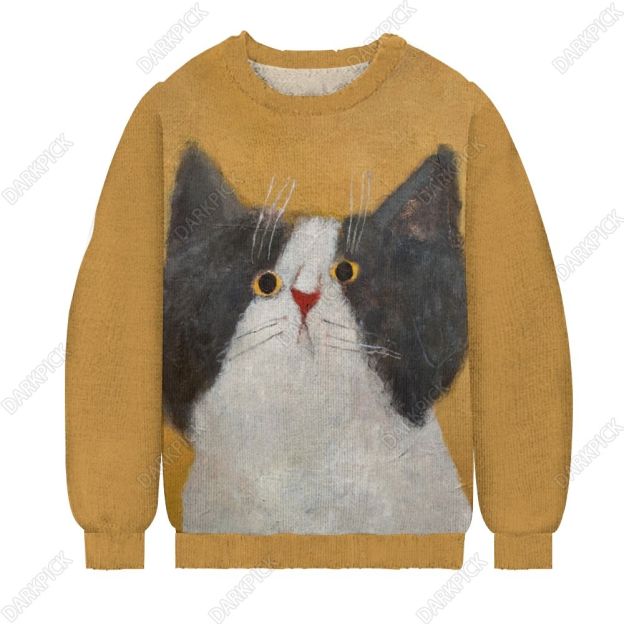 Men's Funny Cat Print Casual Knit Crew Neck Sweater