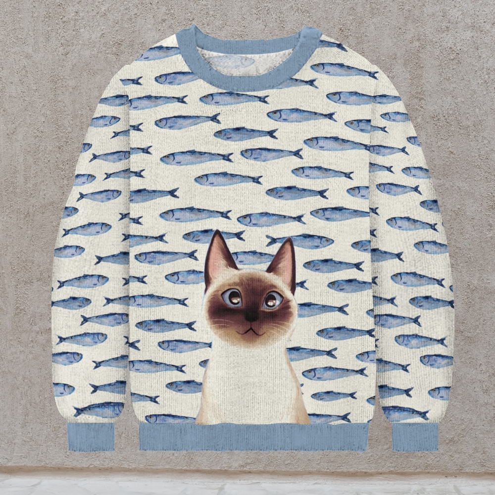 Cat and Fish  Print Casual Knit Crew Neck Sweater