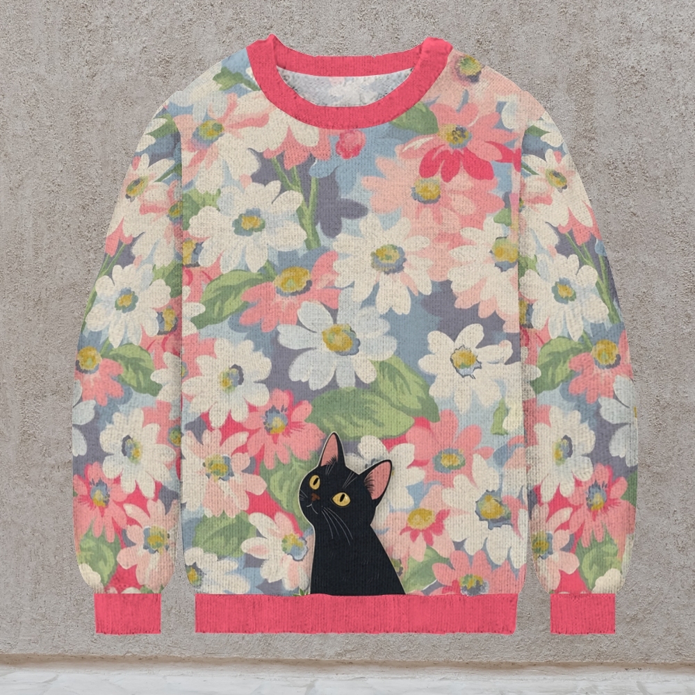 Cat and Flowers Print Casual Knit Crew Neck Sweater