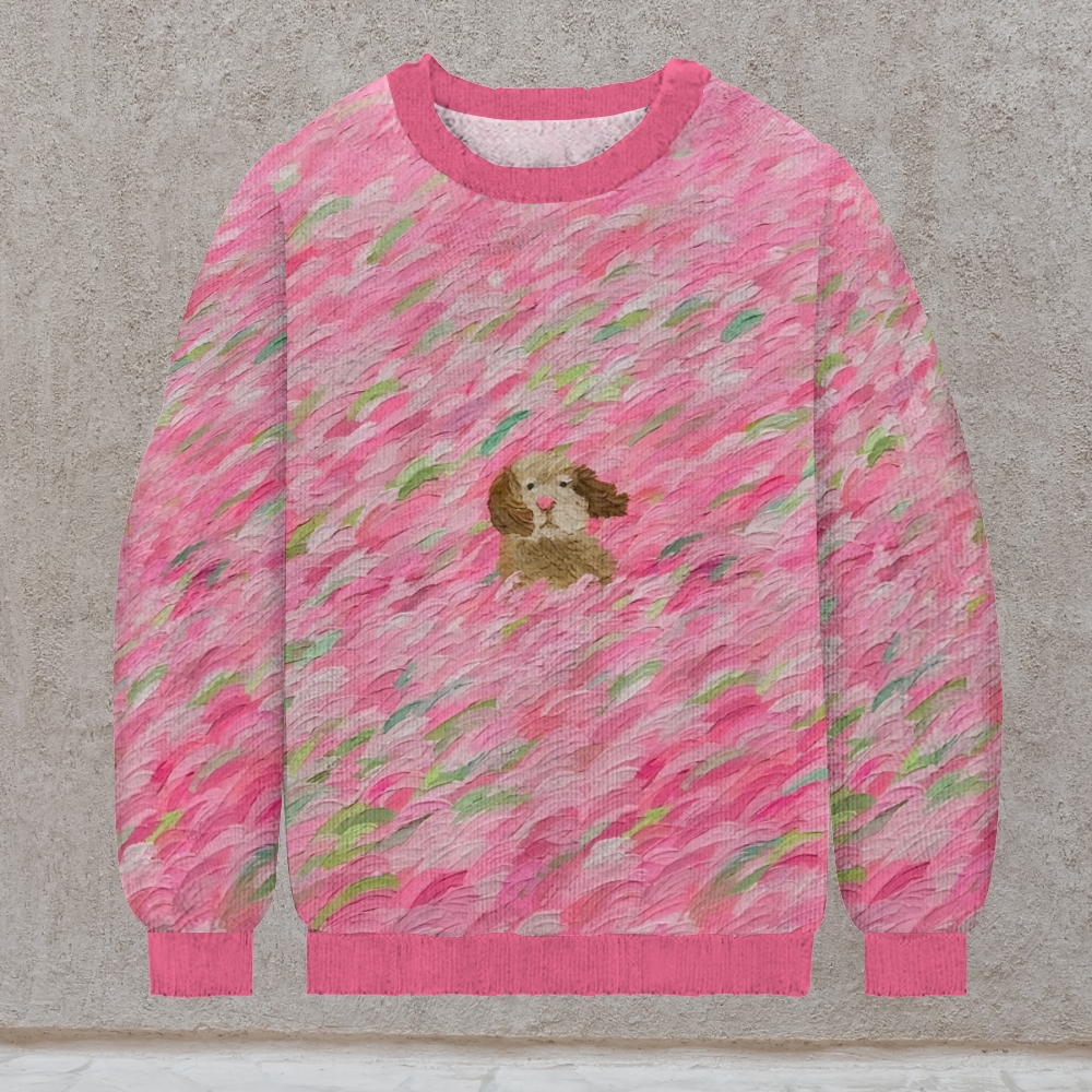 Dog and Flowers Print Casual Knit Crew Neck Sweater