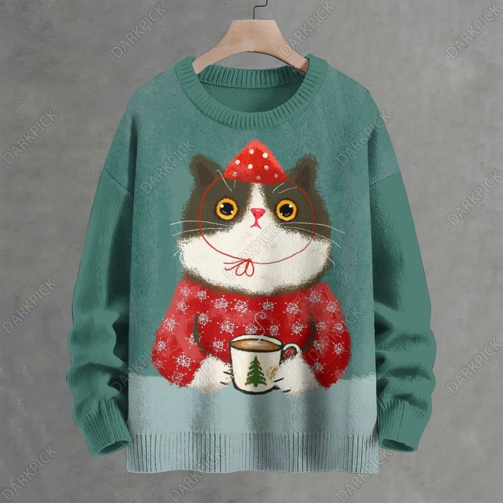Christmas Coffee Cat Crew Neck Sweater