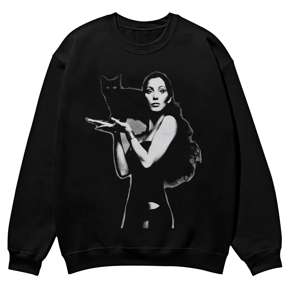 Vintage Cher with black cat poster Casual Crewneck Sweatshirt