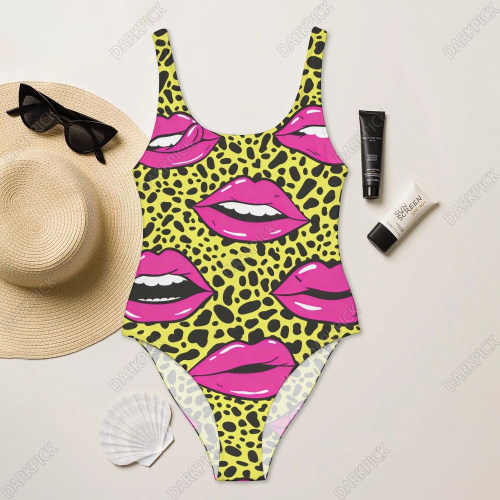 Leopard Print Red Lips Deep U-Back One-Piece Swimsuit 