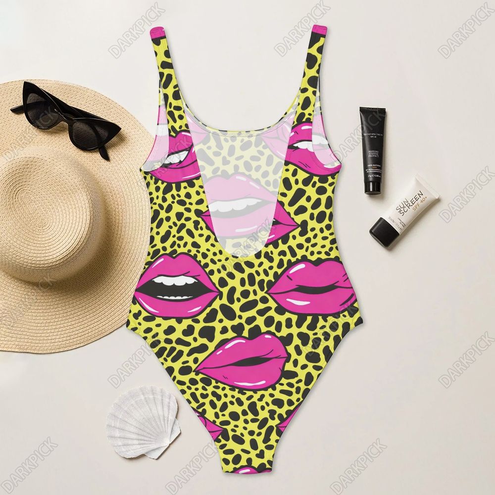 Leopard Print Red Lips Deep U-Back One-Piece Swimsuit 