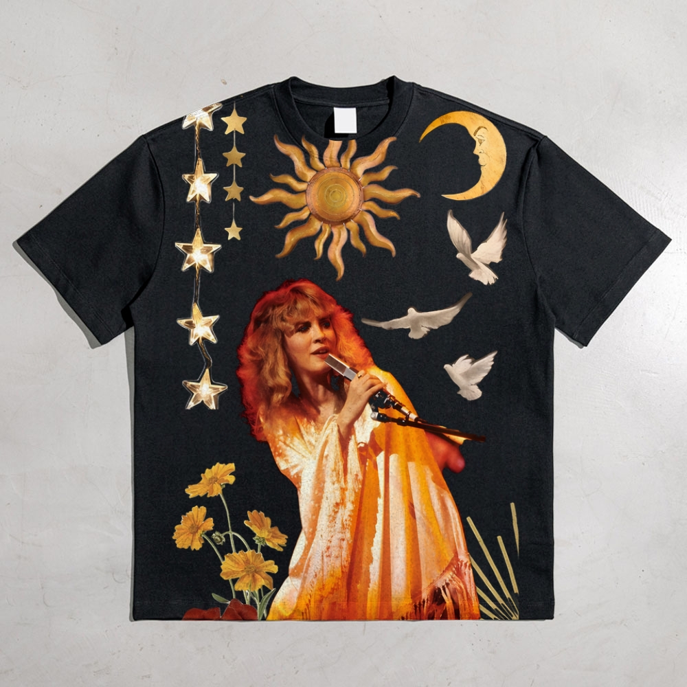Stevie Nicks in 1970s All-over print pure cotton t-shirt 