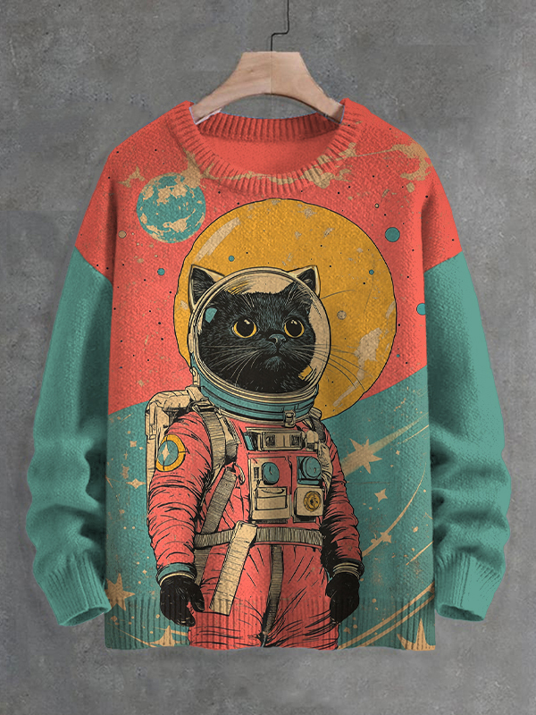 Men's Black Cat Astronaut Color Block Art Print Sweatshirt