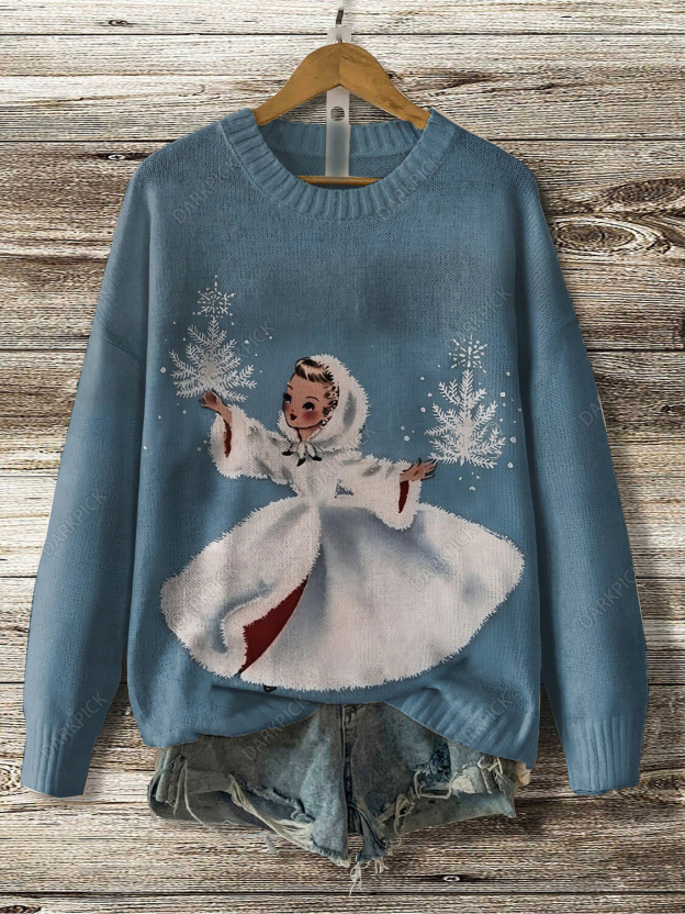 Women's Retro Snowflake Girl Art Print Knit Sweatshirt