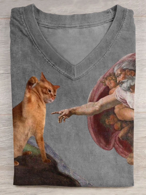 Vintage Funny Cat Art Print Casaul Short Sleeve T-shirt