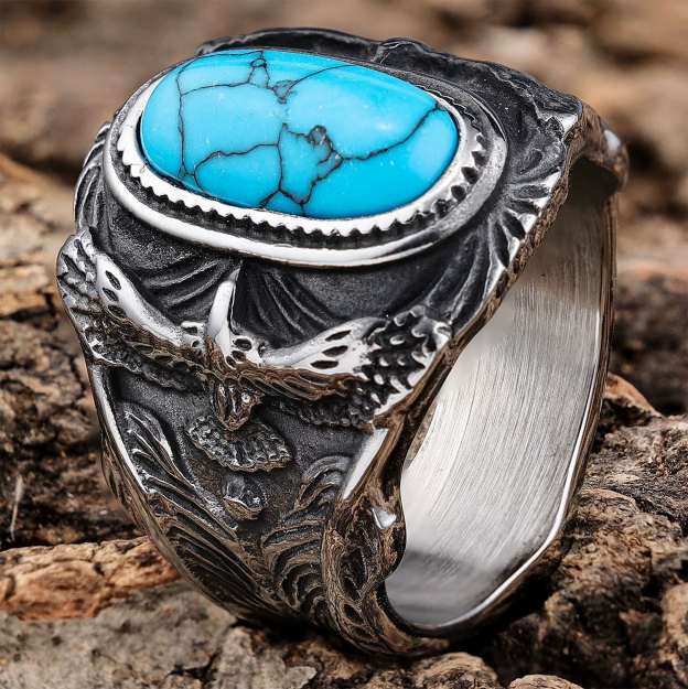 Turquoise Ring with Eagle Motif for Men
