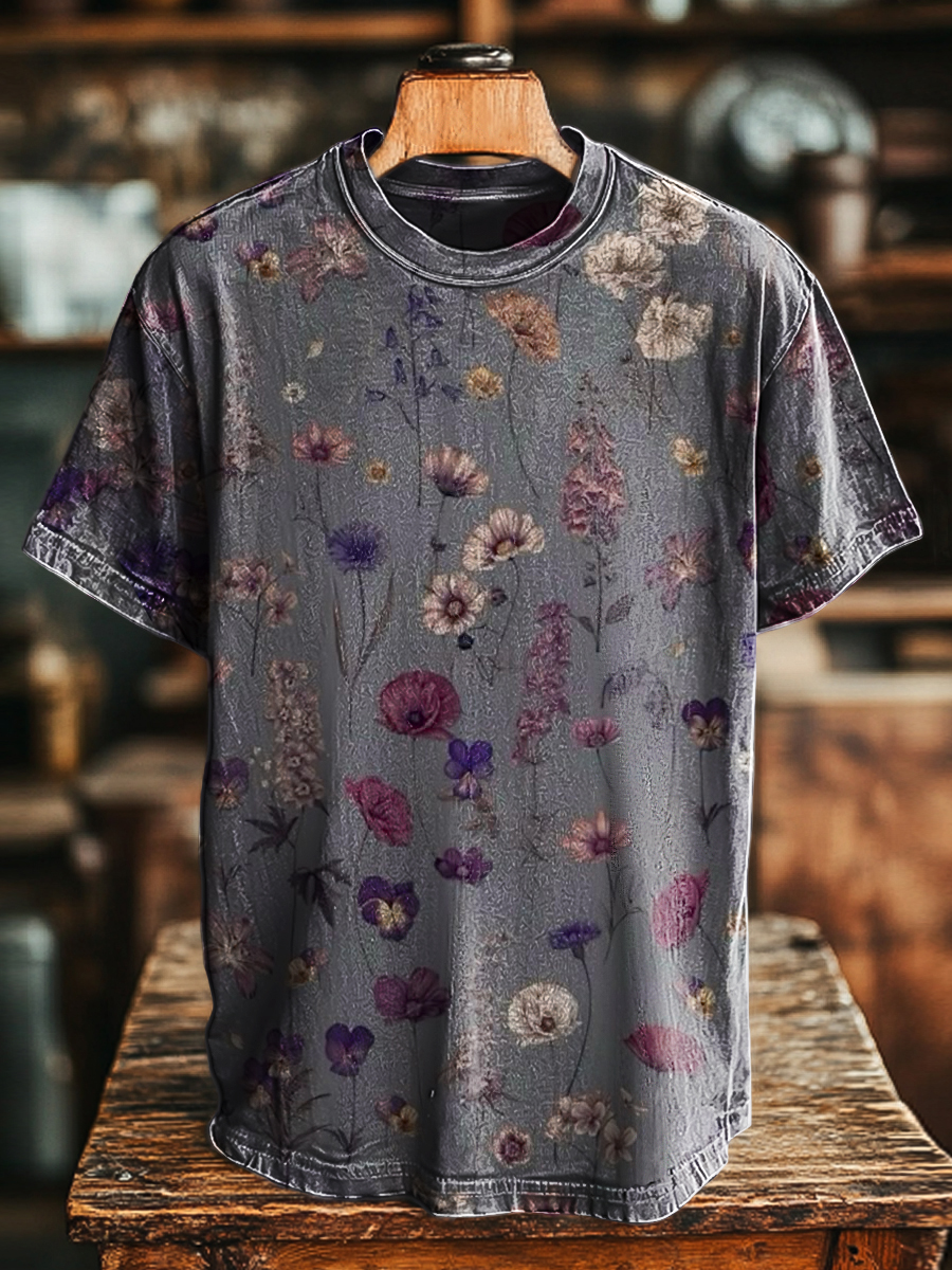 Unisex Retro Floral Print Casual Loose Short Sleeve T-Shirt