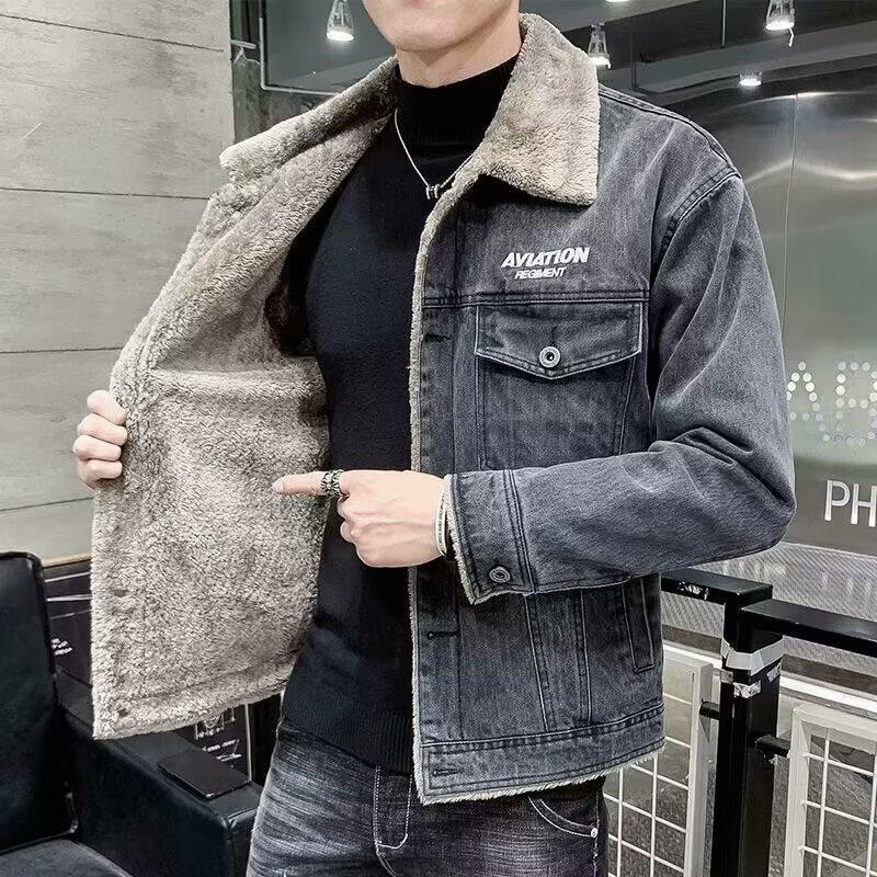 Men's winter denim jacket with fleece lining