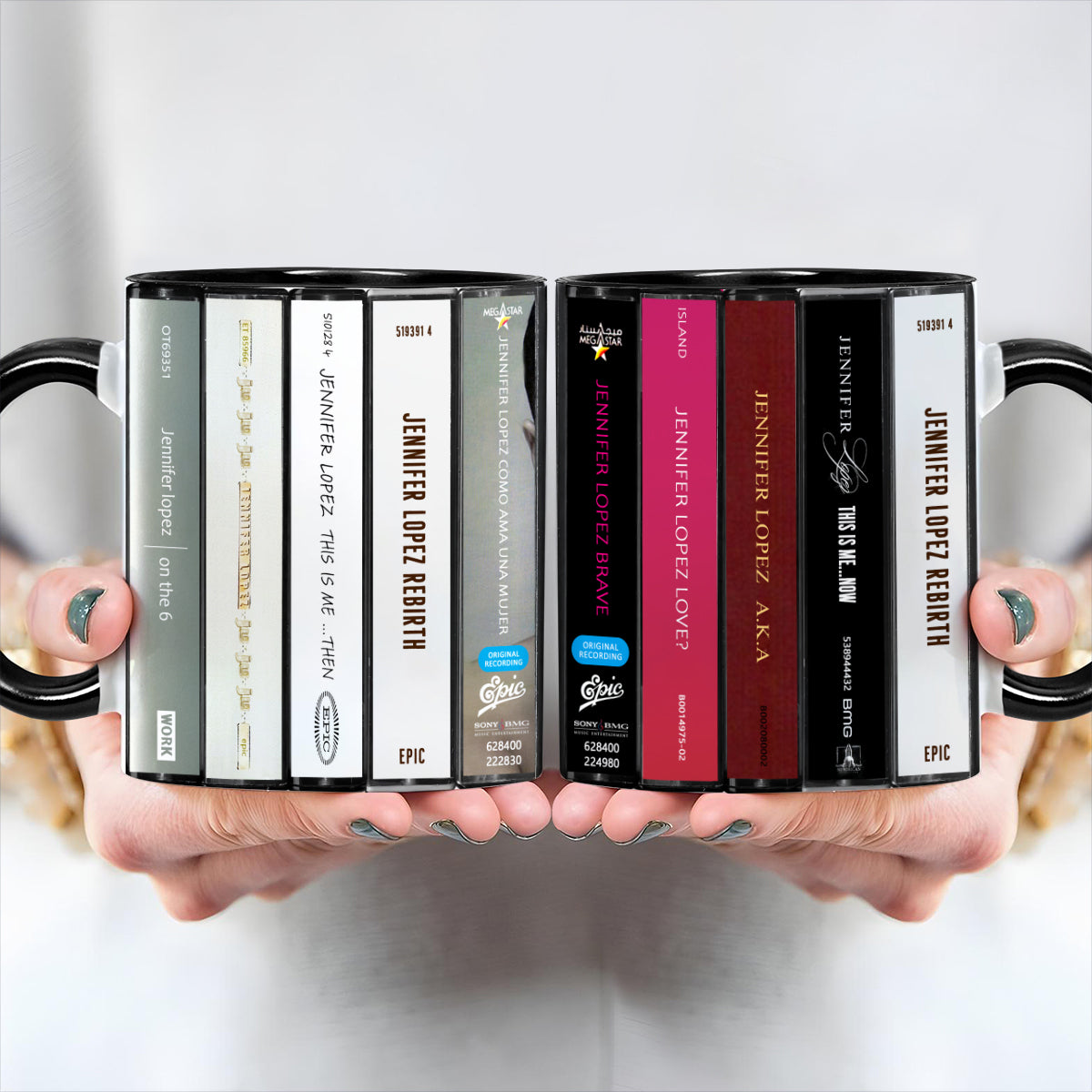 Jennifer Lopez Albums Cassette Collection Retro Accent Edge-to-Edge Printed Mug